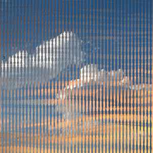 An abstract image featuring a pattern of vertical lines overlaying a sky with clouds and a sunset, creating a sense of depth and motion.